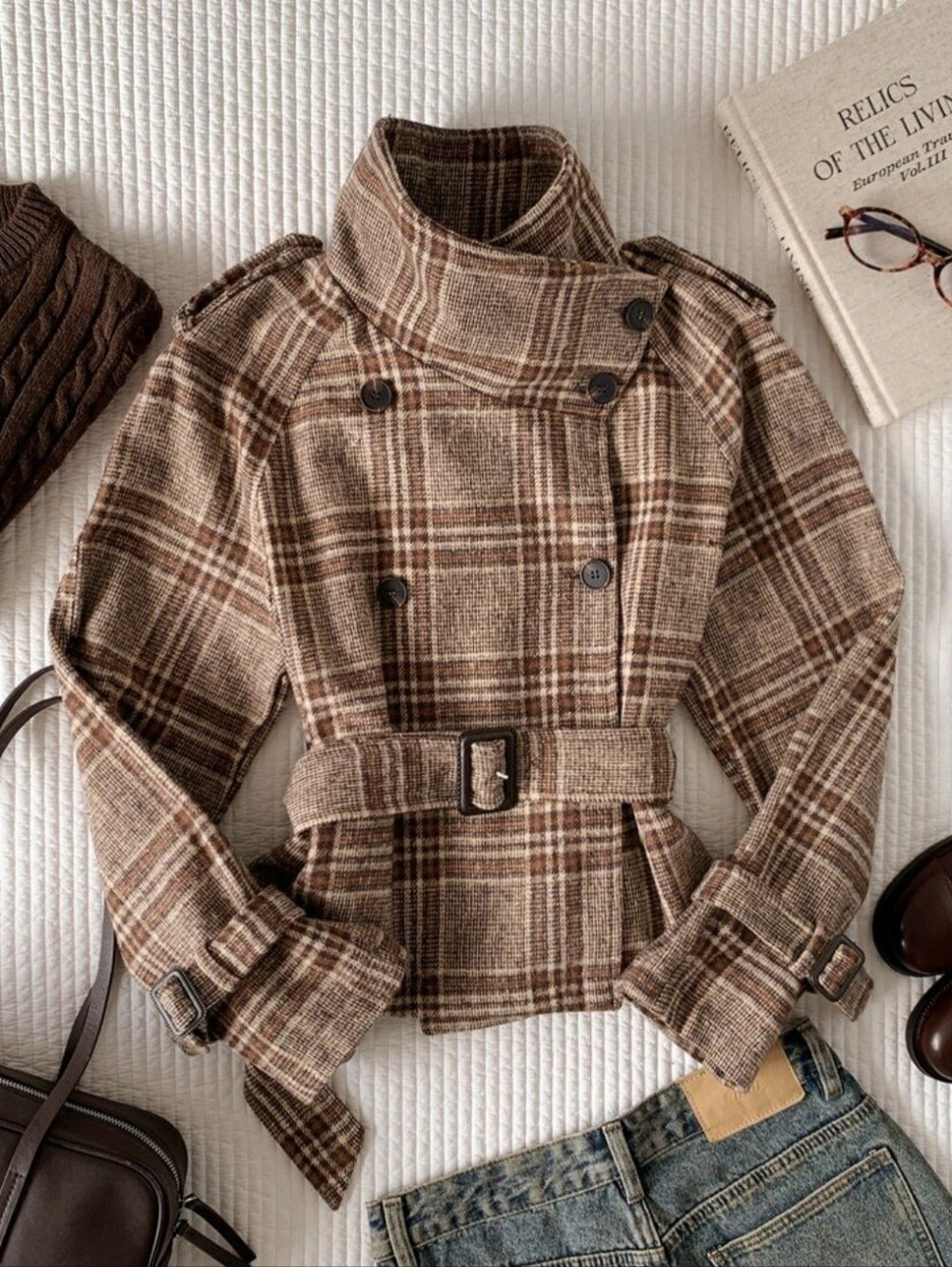 Women's Regular Fit Plaid Wool Blend High Neck Short Jacket